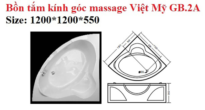Bản vẽ kỹ thuật bồn tắm kính góc massage Việt Mỹ GB.2A