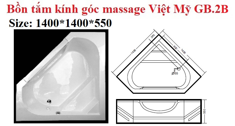Bản vẽ bồn tắm kính góc massage Việt Mỹ GB.2B