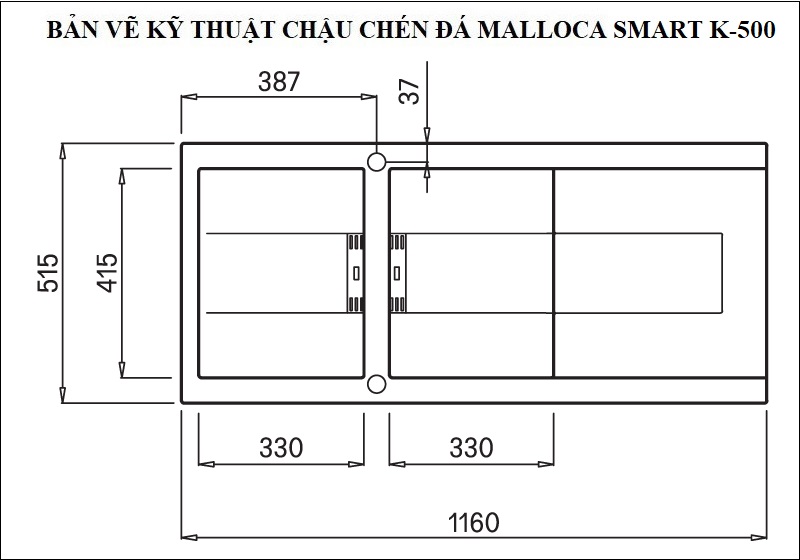 Bản vẽ kỹ thuật chậu rửa chens đá Granite 2 hộc 1 cánh Malloca Smart K-500