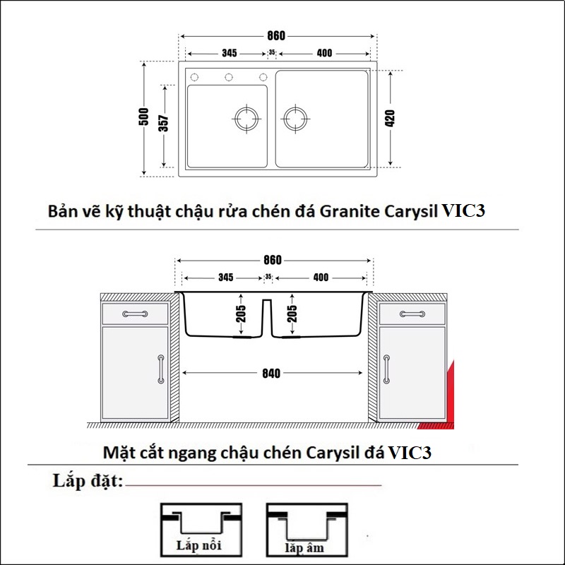 Bản vẽ kỹ thuật chậu rửa chén 2 hộc Carysil đá Granite Vic3