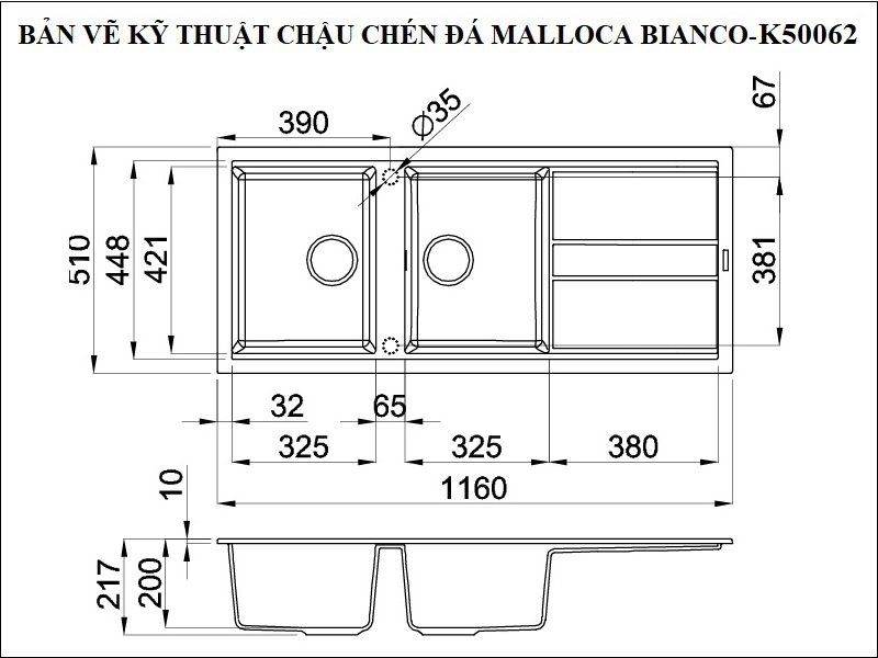 Bản vẽ kỹ thuật chậu rửa chén đá Granite 2 hộc 1 cánh Malloca Banco K-50062