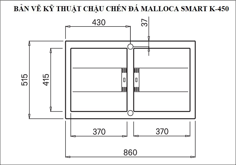 Bản vẽ kỹ thuật chậu rửa chén đá Granite 2 hộc Malloca Smart K-450