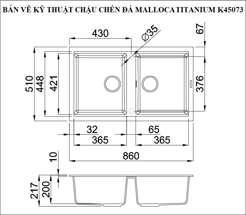 Bản vẽ kỹ thuật chậu rửa chén 2 hộc đá Granite Malloca Titanium K-45073