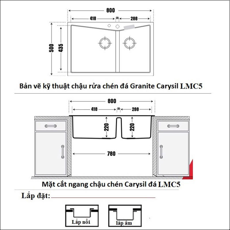 Bản vẽ kỹ thuật chậu rửa chén đá Granite 2 hộc Carysil LMC5