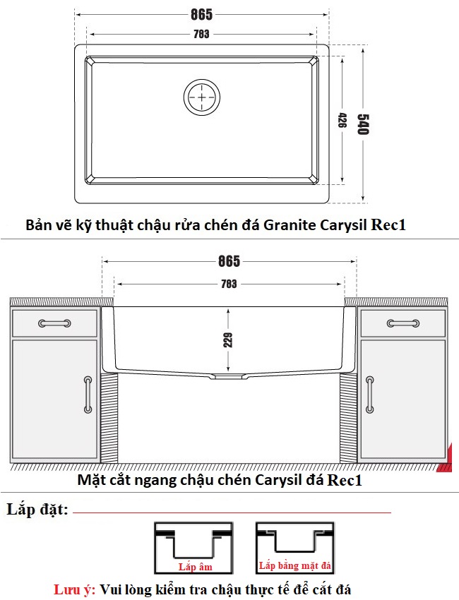 Bản vẽ kỹ thuật chậu rửa chén Carysil đá Granite Rec1