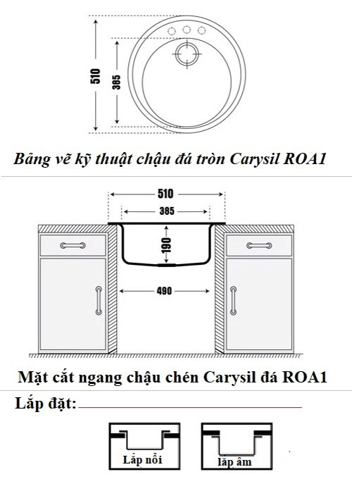 Bản vẽ kỹ thuật chậu rửa chén Carysil đá Granite ROA1