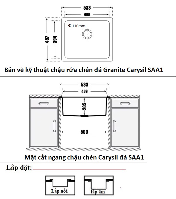 Bản vẽ kỹ thuật chậu rửa chén Carysil đá Granite SAA1