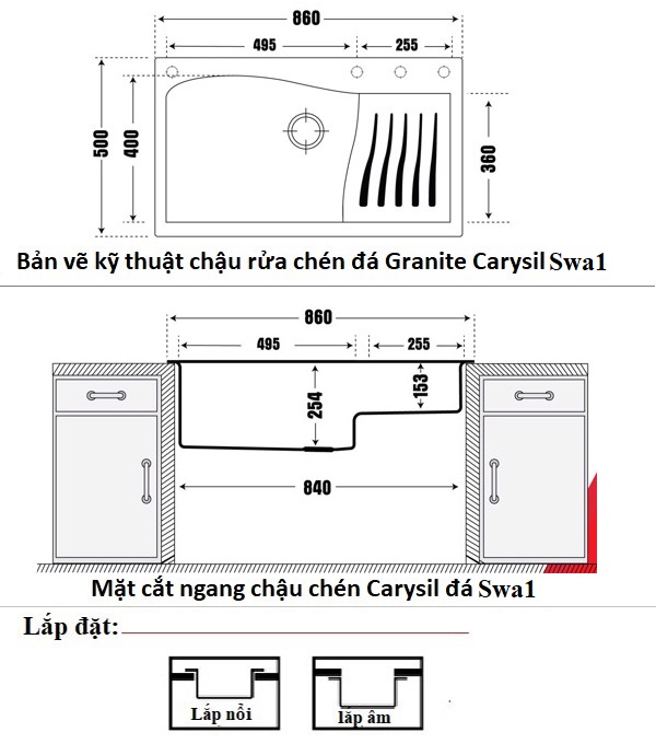 Bản vẽ kỹ thuật chậu rửa chén đá Granite Carysil Swa1