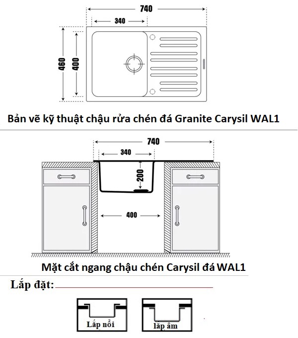 Bản vẽ kỹ thuật chậu rửa chén Carysil đá Granite Wal1