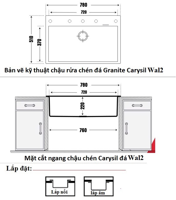 Bản vẽ kỹ thuật chậu rửa chén đá Granite Carysil Wal2