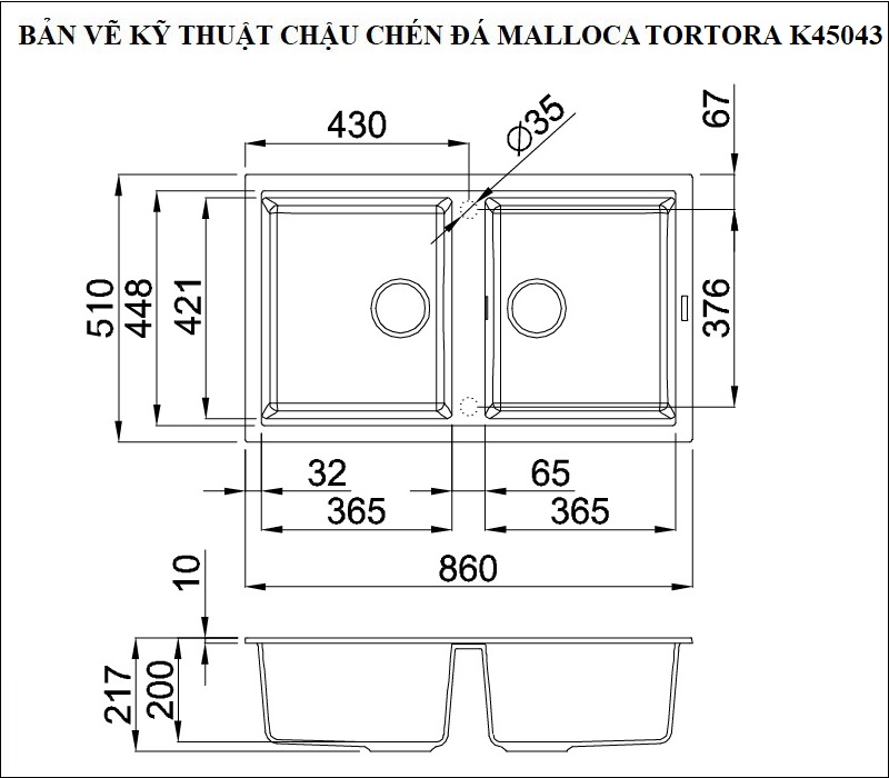 Bản vẽ kỹ thuật chậu rửa chén đá Granite Malloca Tortora K45043