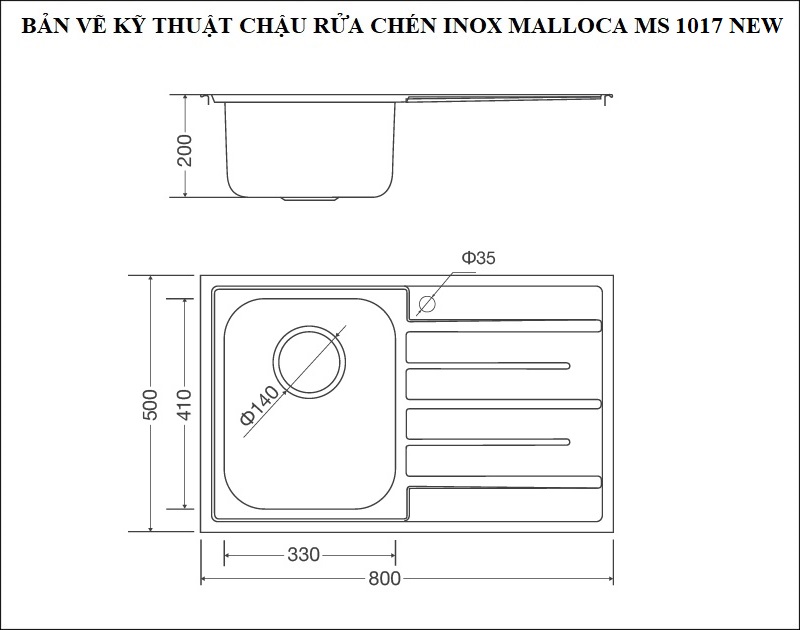 Bản vẽ kỹ thuật chậu rửa chén inox 304 1 hộc 1 cánh Malloca MS 1017 NEW