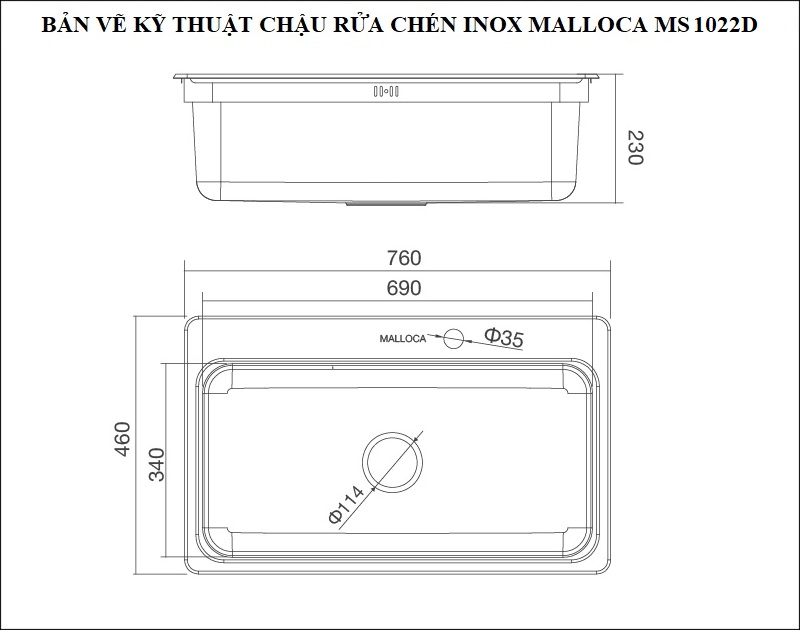 Bản vẽ kỹ thuật chậu rửa chén inox 304 Malloca 1 hộc MS 1022D