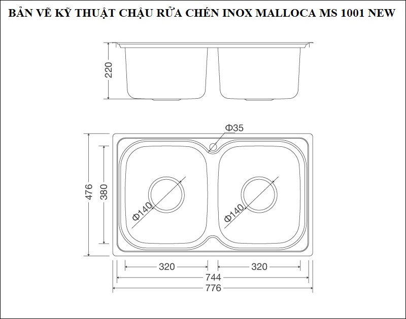 Bản vẽ kỹ thuật chậu rửa chén inox 304 Malloca 2 hộc MS 1001 NEW