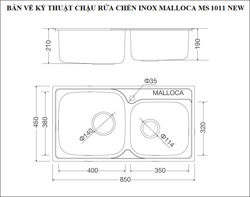 Bản vẽ kỹ thuật chậu rửa chén inox 304 Malloca 2 hố MS 1011 NEW