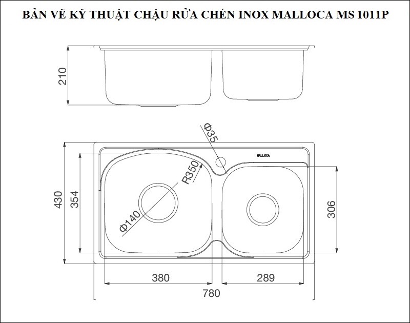 Bản vẽ kỹ thuật chậu rửa chén inox 304 Malloca 2 hố MS 1011P