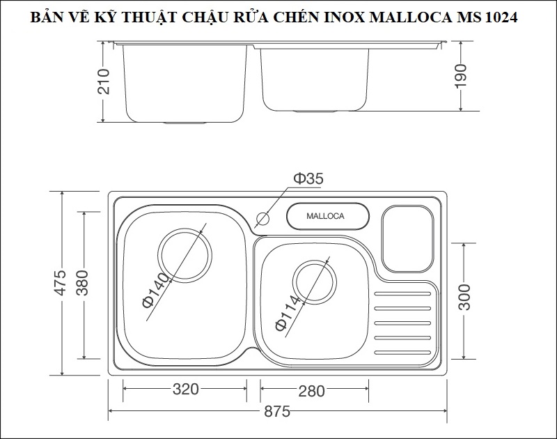 Bản vẽ kỹ thuật chậu rửa chén inox 304 Malloca 2 hộc MS 1024