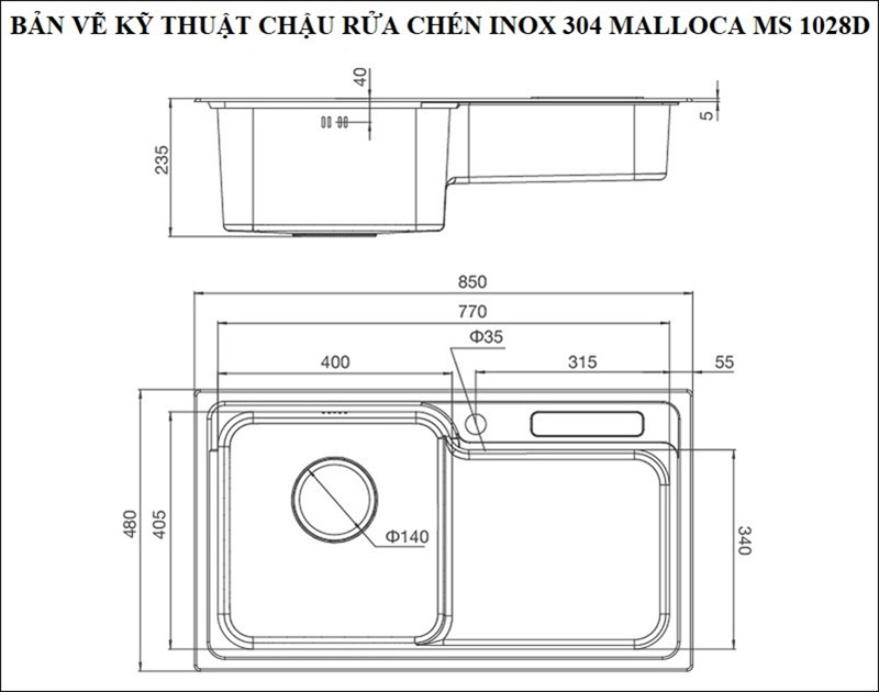 Bản vẽ kỹ thuật chậu rửa chén inox 304 Malloca MS 1028D
