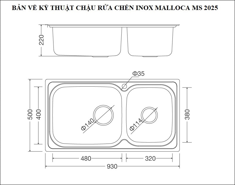 Bản vẽ kỹ thuật chậu rửa chén inox 304 Malloca 2 hố MS 2025