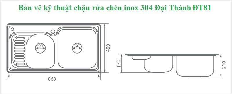 Bản vẽ kỹ thuật chậu rửa chén inox 304 2 Đại Thành cao cấp ĐT81