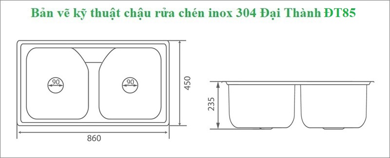 Bản vẽ kỹ thuật chậu rửa chén inox 304 Đại Thành cao cấp ĐT85
