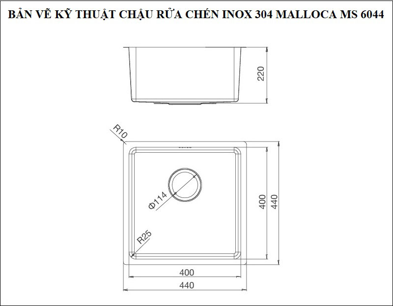 Bản vẽ kỹ thuật chậu rửa chén inox 304 Malloca MS 6044
