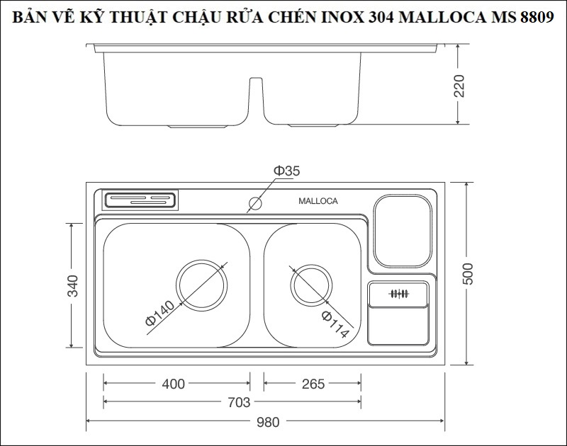 Bản vẽ kỹ thuật chậu rửa chén inox 304 Malloca MS 8809