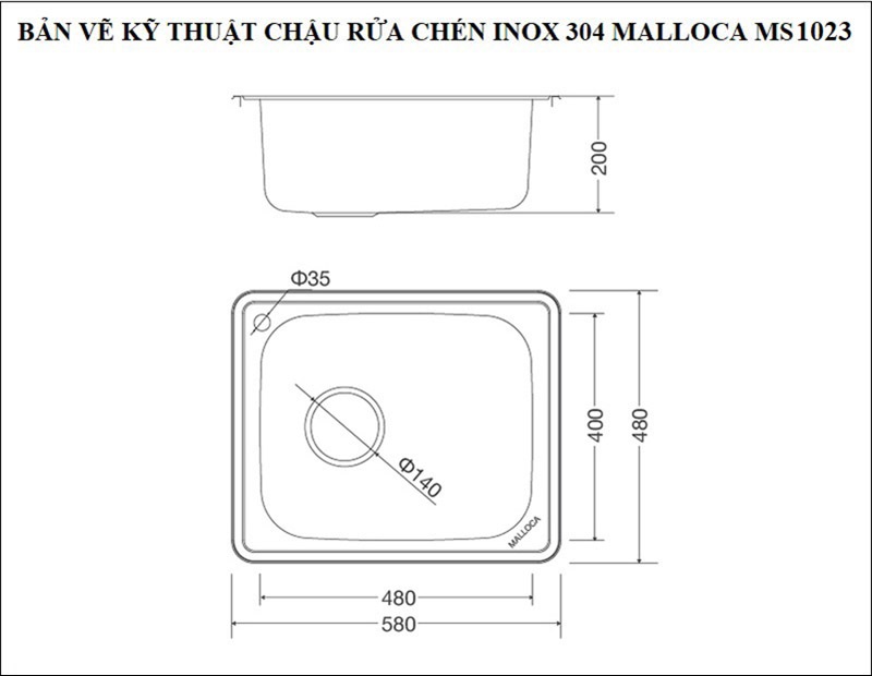 Bản vẽ kỹ thuật chậu rửa chén inox 304 Malloca 1 hố MS 1023