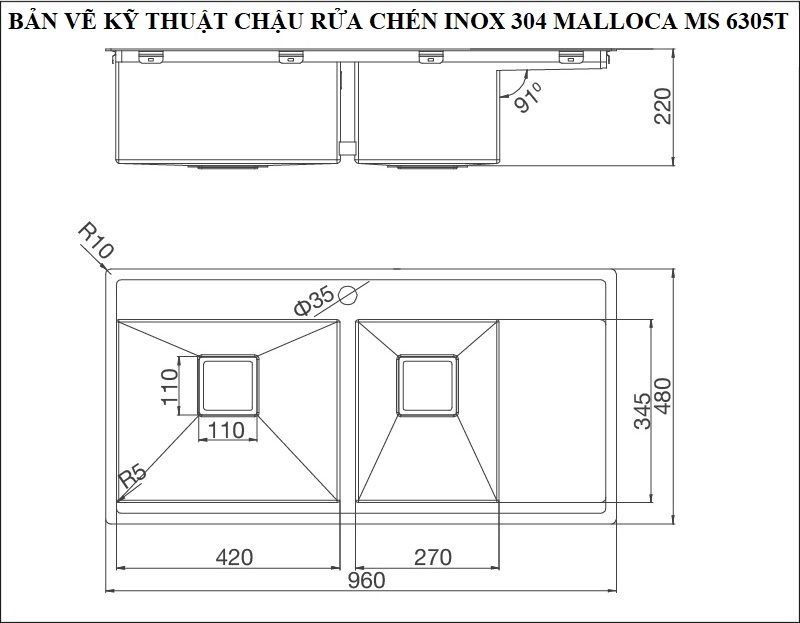 Bản vẽ kỹ thuật chậu rửa chén Malloca inox 304 2 hộc 1 cánh MS 6305T