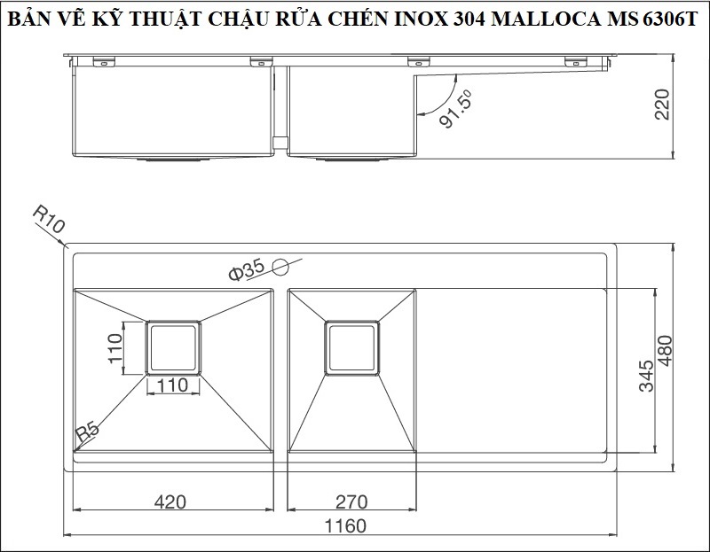 Bản vẽ kỹ thuật chậu rửa chén inox 304 Malloca 2 hộc 1 cánh MS 6306T