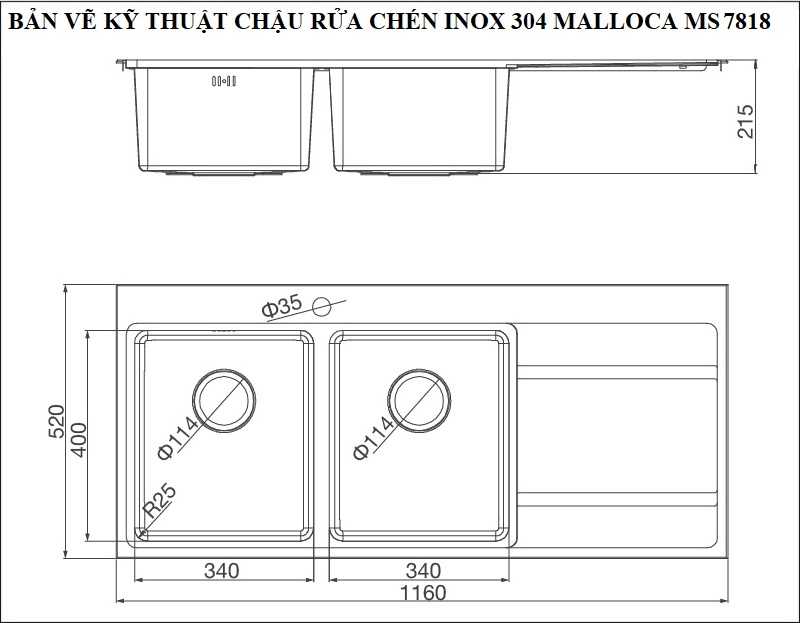 Bản vẽ kỹ thuật chậu rửa chén inox 304 Malloca 2 hộc 1 cánh MS 7818