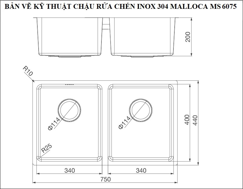 Bản vẽ kỹ thuật chậu rửa chén Malloca 2 hố đều inox 304 MS 6075