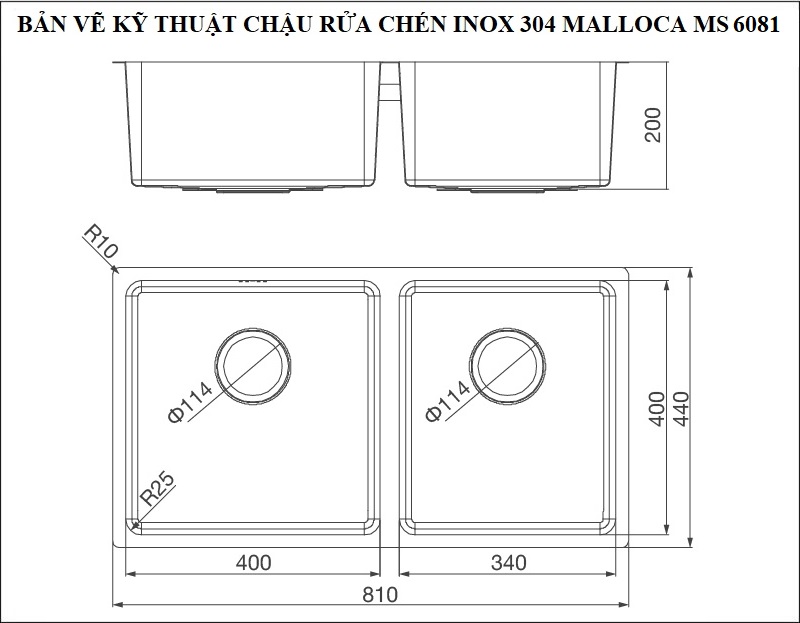 Bản vẽ kỹ thuật chậu rửa chén Malloca 2 hộc inox 304 MS 6081