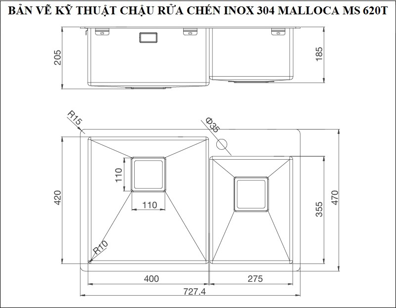 Bản vẽ kỹ thuật chậu rửa chén inox 304 Malloca 2 hộc lệch MS 620T