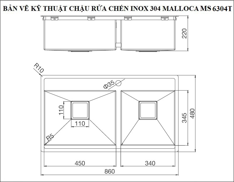 Bản vẽ kỹ thuật chậu rửa chén inox 304 Malloca 2 hộc MS-6304T