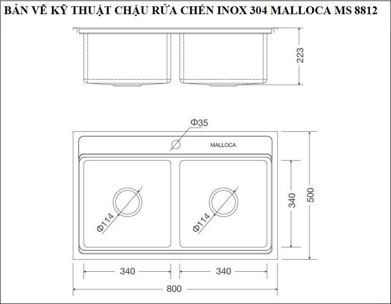 Bản vẽ kỹ thuật chậu rửa chén inox 304 Malloca 2 hố MS 8812