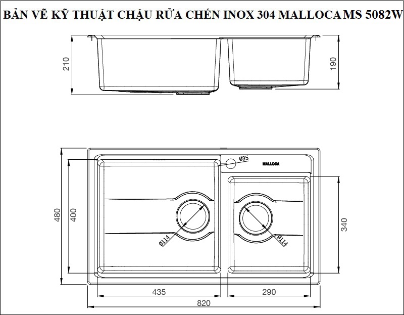 Bản vẽ kỹ thuật chậu rửa chén inox 304 Malloca 2 hố MS-5082W
