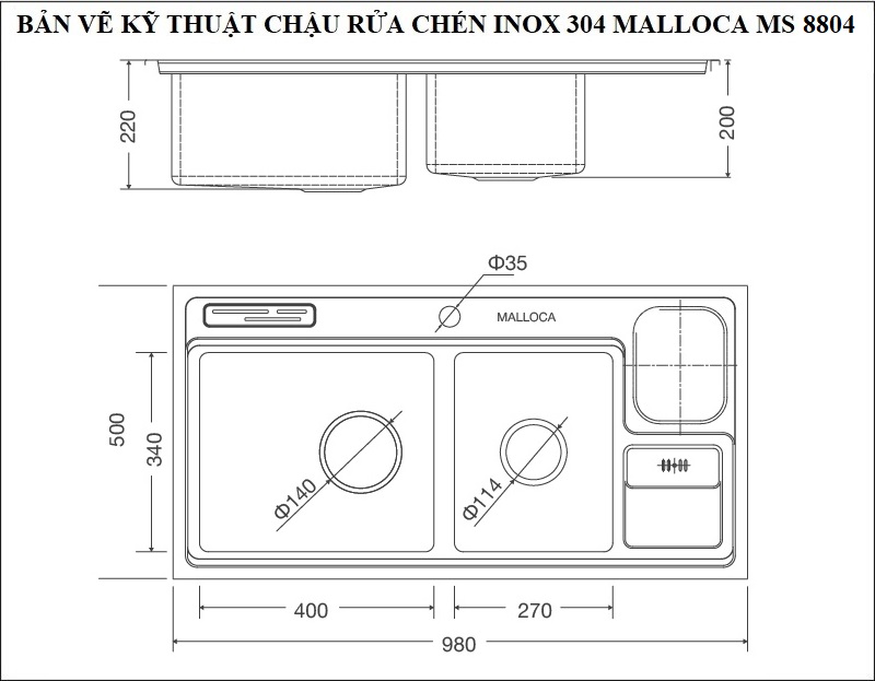 Bản vẽ kỹ thuật chậu rửa chén inox 304 Malloca 2 hộc MS 8804