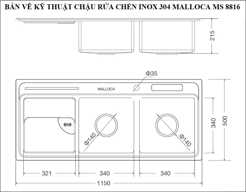 Bản vẽ kỹ thuật chậu rửa chén inox 304 Malloca MS 8816
