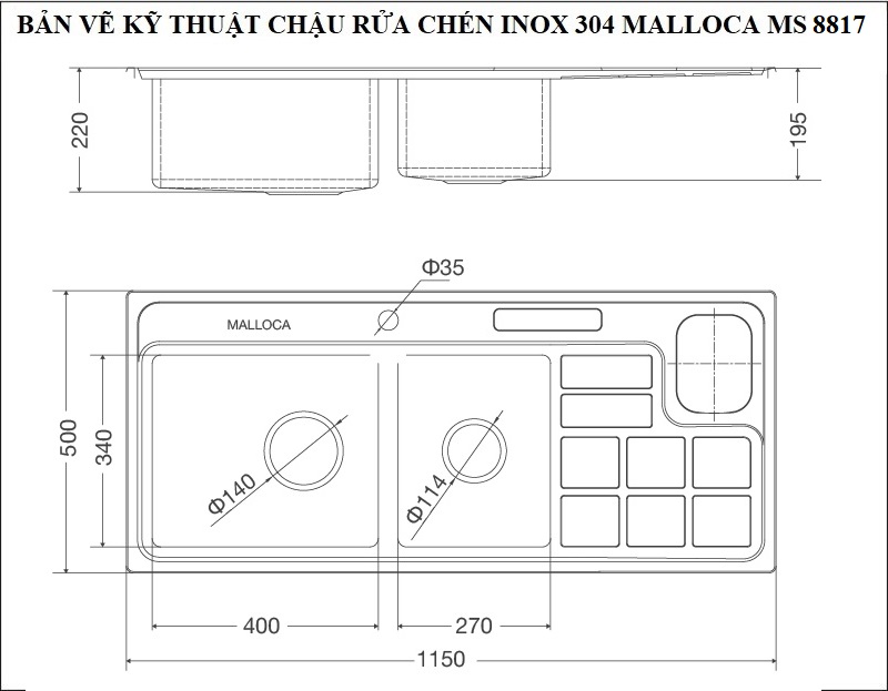 Bản vẽ kỹ thuật chậu rửa chén inox 304 Malloca MS 8817