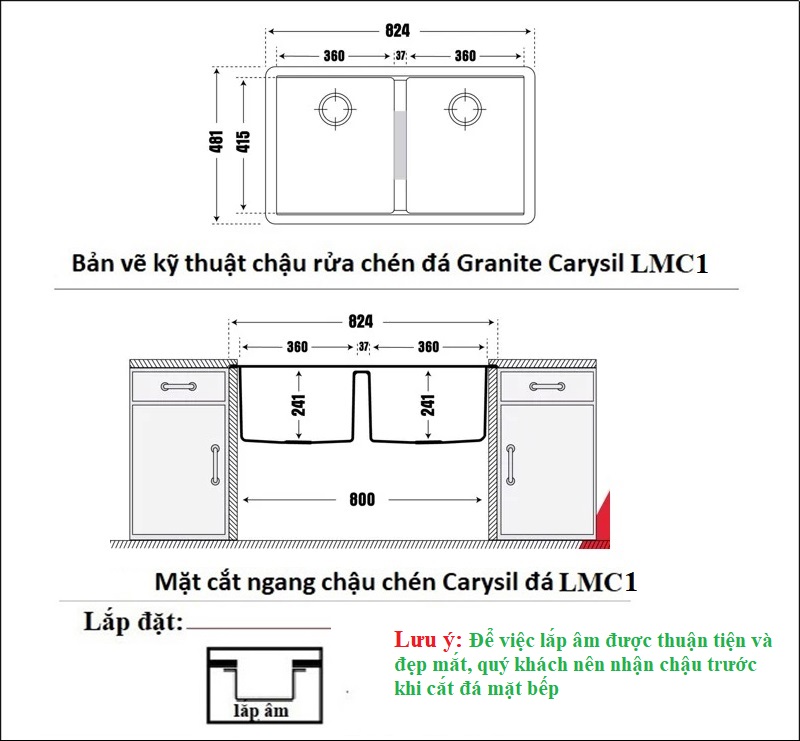 Bản vẽ kỹ thuật của chậu rửa chén Carysil đá Granite LMC1