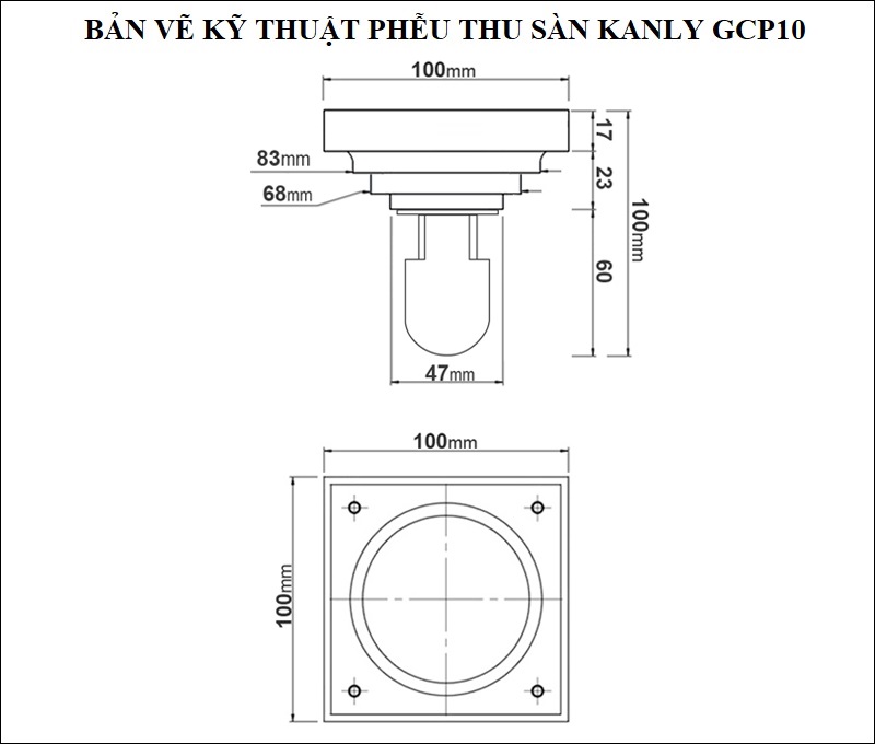 Bản vẽ kỹ thuật phễu thoát sàn Kanly GCP10