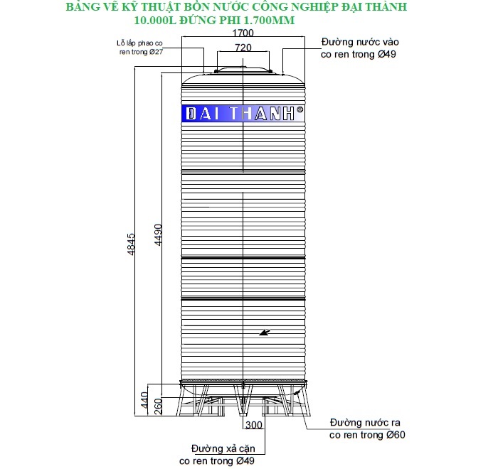 Bảng vẽ kỹ thuật bồn nước inox công nghiệp Đại Thành 10.000L đứng phi 1700mm
