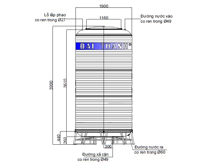 Bảng vẽ kỹ thuật bồn nước inox công nghiệp Đại Thành 10.000L đứng phi 1900mm