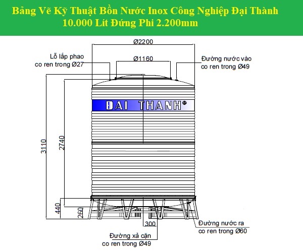 Bảng vẽ kỹ thuật bồn nước inox công nghiệp Đại Thành 10000L đứng phi 2200mm
