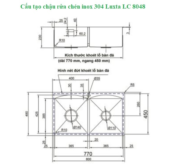 Cấu tạo chậu rửa chén inox 304 Luxta LC 8048-3.0