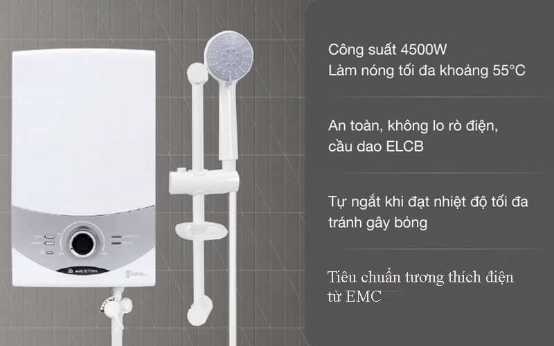 Máy nước nóng trực tiếp Ariston Aures Comfort SM45E SBS-VN không bơm có hệ thống cầu dao ELCB