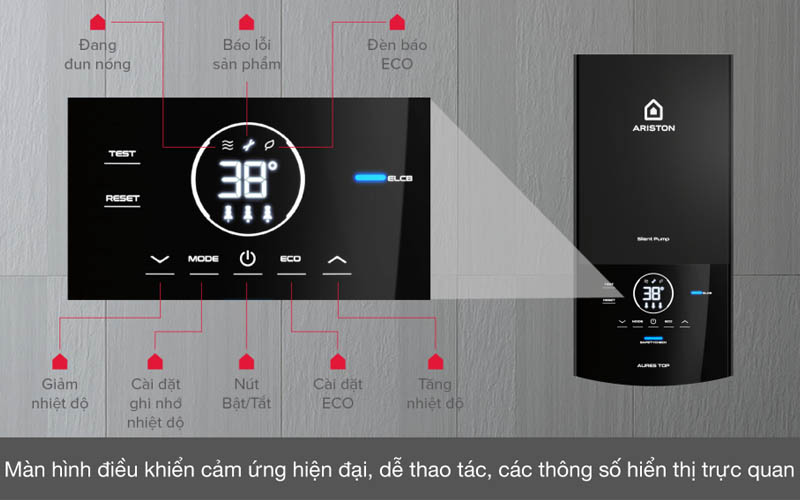 Thiết kế màn hình LED hiện đại của bình nước nóng Ariston Aures Top + 4.5P trực tiếp có bơm 2.0