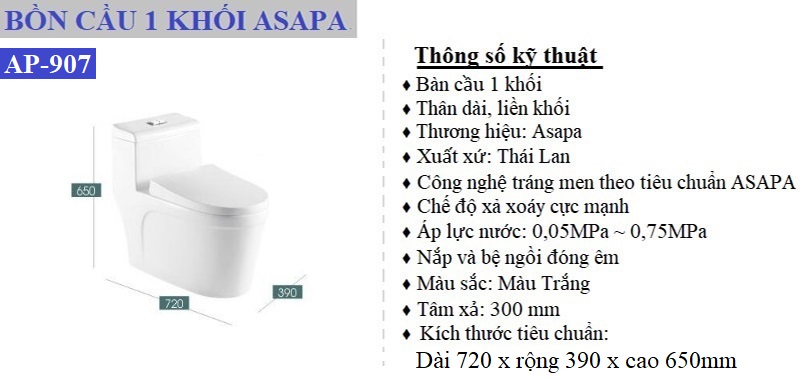 Thông số kỹ thuật bồn cầu 1 khối Asapa AP-907
