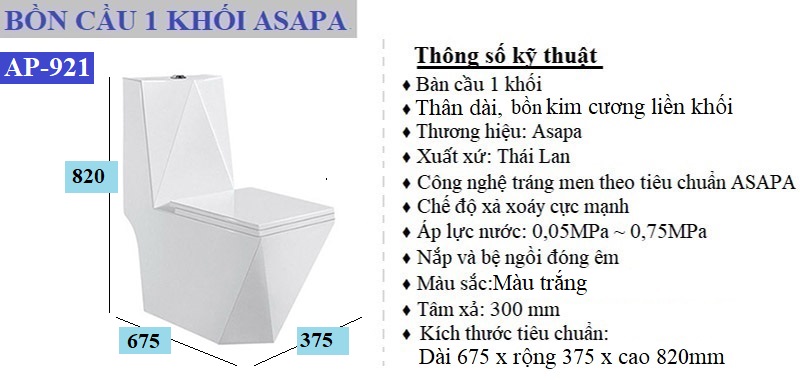 Thông số kỹ thuật bồn cầu 1 khối Asapa kim cương màu trắng AP-921